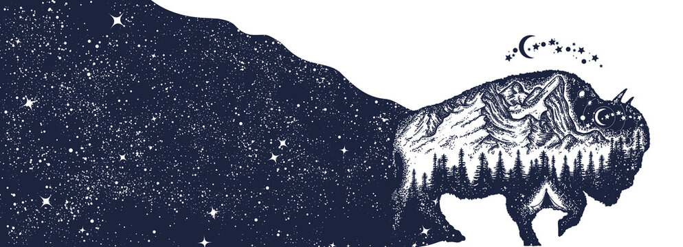 Animals in universe. Bison buffalo bull and night sky. Double exposure. Symbol of adventure, tourism and meditation. Black and white surreal graphic