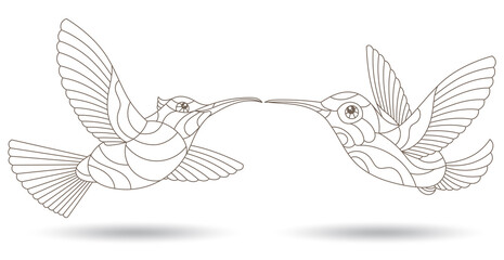 A set of contour illustrations in a stained glass style with Hummingbird birds, dark outlines isolated on a white background