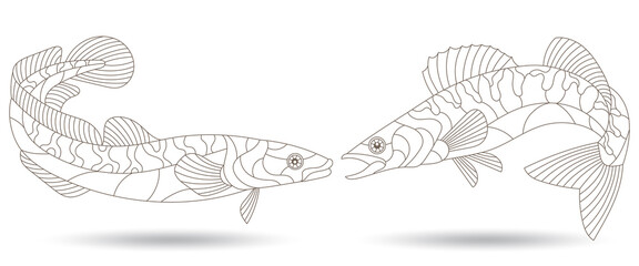 A set of contour illustrations in a stained glass style with abstract fish, dark contours isolated on a white background