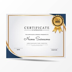 Certificate of appreciation template, gold and blue color. Clean modern certificate with gold badge. Certificate border template with luxury and modern line pattern. Diploma vector template