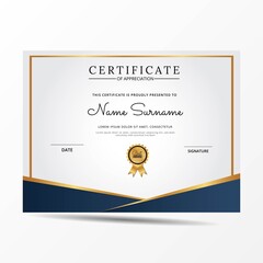 Certificate of appreciation template, gold and blue color. Clean modern certificate with gold badge. Certificate border template with luxury and modern line pattern. Diploma vector template