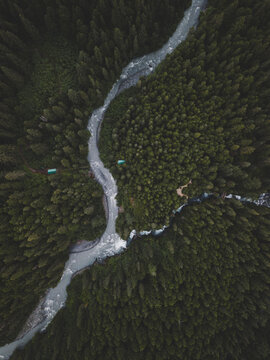 Aerial view of river in the middle of green grass field