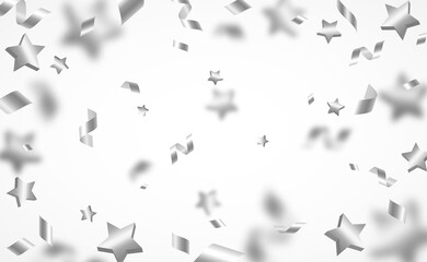 Falling shiny silver confetti, stars and pieces of serpentine isolated on white background. Bright festive overlay effect with gray tinsels. Vector illustration.