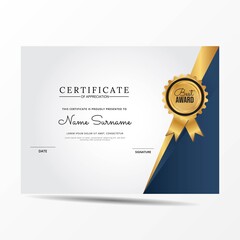 Certificate of appreciation template, gold and blue color. Clean modern certificate with gold badge. Certificate border template with luxury and modern line pattern. Diploma vector template