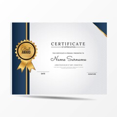 Certificate of appreciation template, gold and blue color. Clean modern certificate with gold badge. Certificate border template with luxury and modern line pattern. Diploma vector template