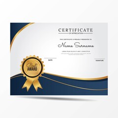 Certificate of appreciation template, gold and blue color. Clean modern certificate with gold badge. Certificate border template with luxury and modern line pattern. Diploma vector template