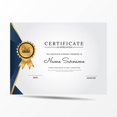 Certificate of appreciation template, gold and blue color. Clean modern certificate with gold badge. Certificate border template with luxury and modern line pattern. Diploma vector template