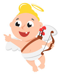 Cupid with a bow and arrow flies and shows a finger. Character, Valentine s Day