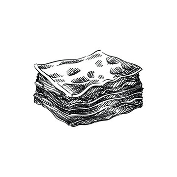 recommend clip art: Hand drawn sketch of Lasagna on a white background. Italian cuisine, Italian food. Food and meal. 