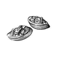 Hand drawn sketch of Bruschetta with Tomato and Basil on a white background. Italian cuisine, Italian food. Food and meal. 