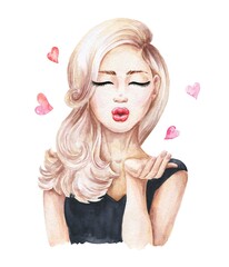 Watercolor girl with air kiss on white background. Watercolour illustration.