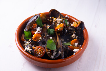 Cooked mussels traditional spanish tapa.