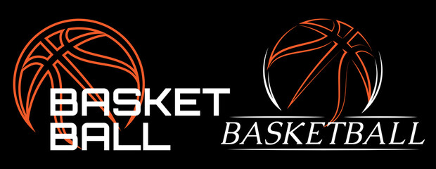 Sports template with basketball ball and lettering. Colored vector illustration. Black background. Elements for design of the brand team, business cards, site