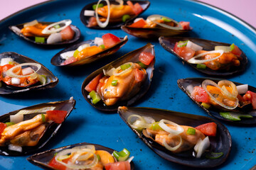 Cooked mussels traditional spanish tapa.