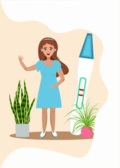 A vector flat illustration of a young woman who got pregnant and happy with it. A banner, brochure, poster for medical projects, journals, websites, blogging. 