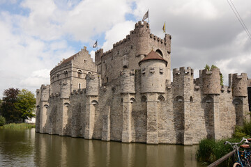 Castle Gravensteen, Gand (Gent), Belgium. View of the castle and the wall overlooking the canal.