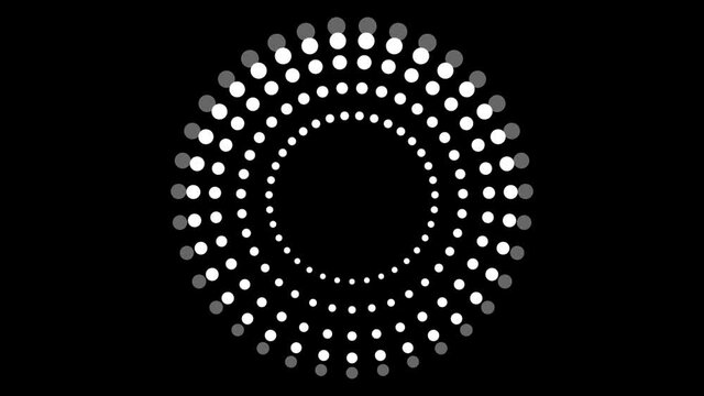 Video 4k motion graphic dotted round on black, Abstract Halftone Moving Background, Dots on white background, graphic dot white on circle