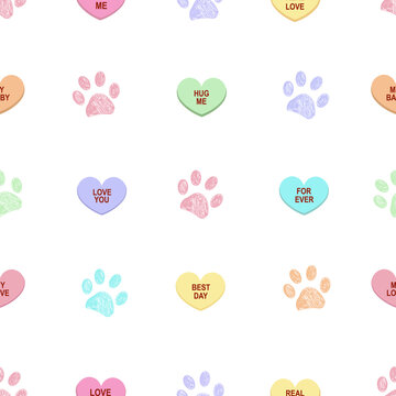 Colorful paw prints with sweet heart candy. Sweetheart candies. Conversation sweets for valentines day, valentine sugar food hearts seamless pattern for textile design