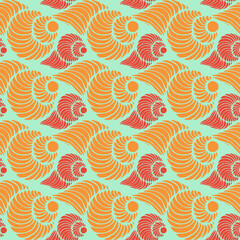 Abstract seamless pattern with red and orange spiral snail shells on pale green background.