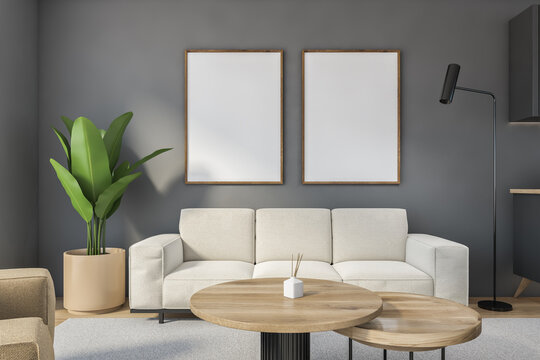 Mockup canvas in grey living room over white sofa with plant
