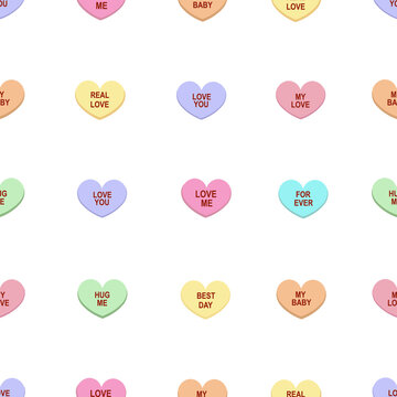 Colorful Sweet Heart Candy. Sweetheart Candies. Conversation Sweets For Valentines Day, Valentine Sugar Food Hearts Seamless Pattern For Textile Design