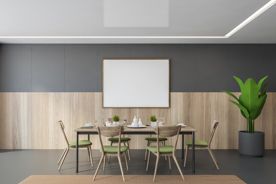 Mockup frame in grey and wooden dining room with chairs and dishes on table
