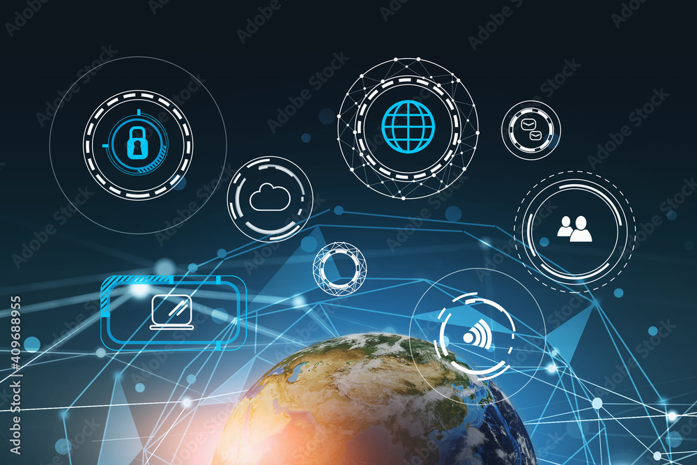 Poster immersive digital hud interface with business infographics and data representation with planet over 
