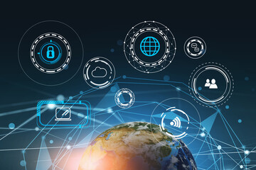 Immersive digital HUD interface with business infographics and data representation with planet over blue background. Elements of this image furnished by NASA. 3d rendering toned image