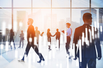 Crowded office. People are walking by. Financial services and st