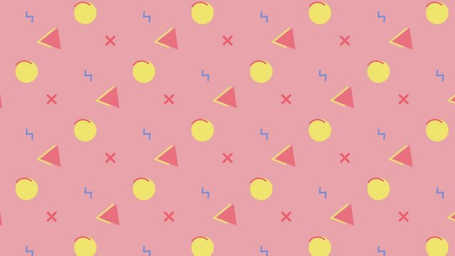 Retro abstract 80's 90's design pattern background. Geometrical shapes of different vintage colors. Seamless loop pop art design