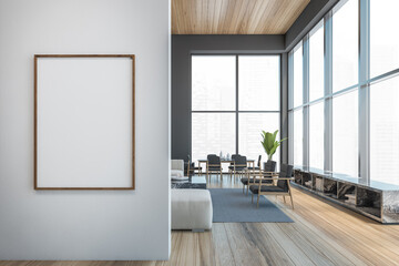 Modern office waiting area with grey armchairs and sofa, a marble coffee table, wooden parquet. Panoramic city view windows. Hotel relax area. Canvas poster on wall. 3d rendering mock up.