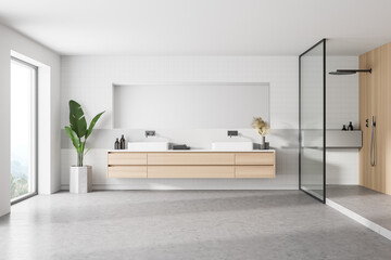 Interior of stylish bathroom with wooden walls, concrete floor, comfortable double sink with horizontal mirror and shower stall. 3d rendering
