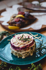 Russian traditional New Year's food. Herring under a fur coat