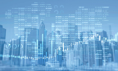 Financial chart over panoramic New York city view. The concept of international consulting at NYC. Double Exposure.