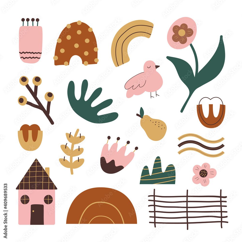 Aufkleber Modern abstract random set colorful doodle shapes and objects isolated on white background. Vector hand drawn clip art elements for print, greeting card, textile, invitations. Scandinavian design