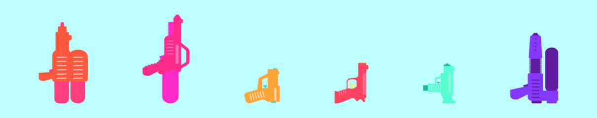Cartoon gun collection. Flat vector colorful toys. Space laser guns design. Vector illustration isolated on blue background.