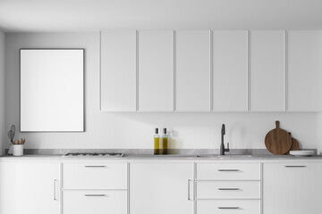 Modern kitchen interior with white walls, modern countertops with a built in sink and a cooker. Poster on white wall. 3d rendering mock up