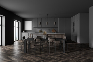 Modern kitchen interior with gray walls, a wooden parquet floor and gray countertops. Big window with countryside view. Mock up poster on wall. 3d rendering