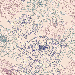 Gentle contour peonies. Hand drawn vector seamless pattern. Wildflowers retro sketch, outline floral ornament. Colored vintage design for print, fabric, textile, background, wrap, wallpaper, decor.