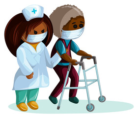 Vector image of an elderly dark-skinned man with diseases of the musculoskeletal system walking with a support and a nurse who helps him