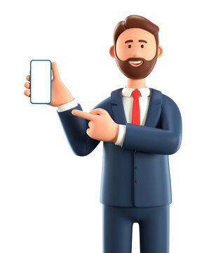 3D illustration of bearded man holding smartphone and showing blank screen. Close up portrait of cartoon smiling businessman pointing finger at empty display phone, isolated on white.