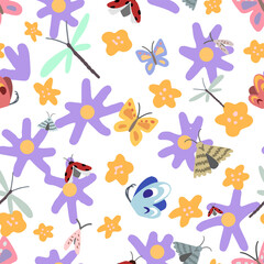 Obraz na płótnie Canvas Cute flowers and insects doodles. Hand drawn vector seamless pattern. Spring, summertime colored cartoon ornament. Simple floral design for print, fabric, textile, background, wrap, wallpaper, decor.