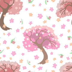 Cute blooming trees and flowers doodles. Hand drawn vector seamless pattern. Springtime colored cartoon ornament. Simple floral design for print, fabric, textile, background, wrap, wallpaper, decor.