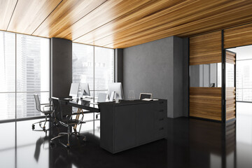 Coworking office interior with panoramic city view, furniture and equipment. Workplace and lifestyle concept. 3D Rendering