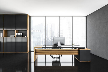 CEO office interior with a wooden table, a computer standing on it. Black floor. 3d rendering. Panoramic city view window