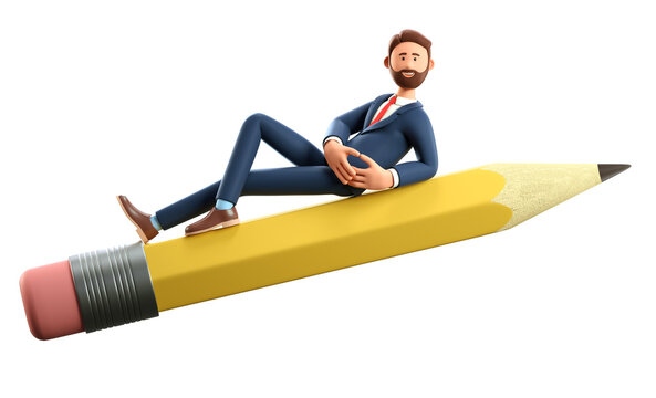 3D illustration of smiling creative man lying on a big pencil and flying in the air. Cartoon bearded businessman generating new ideas on giant pen, isolated on white.