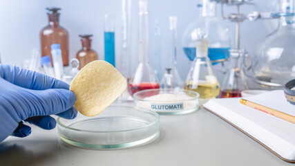 Food safety expert holding potato chips in hands checking in the laboratory
