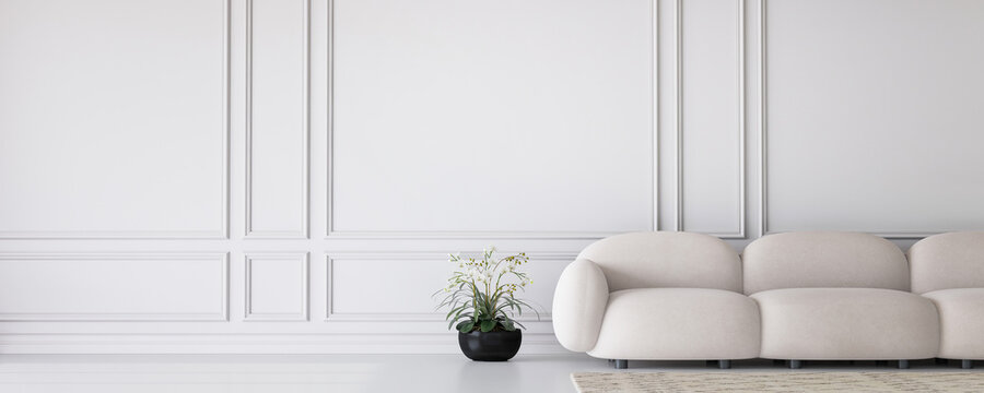 White living room in modern design, minimal clear space on empty classic background, panorama, 3d render © lilasgh