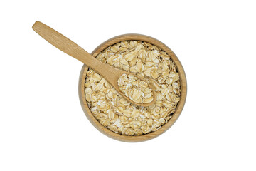 oatmeal flakes in wooden bowl and spoon isolated on white