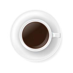 Top view at white coffee cup on plate. Realistic vector illustration of hot coffee drink mug - espresso or americano. 3d caffeine beverage element for cafe menu